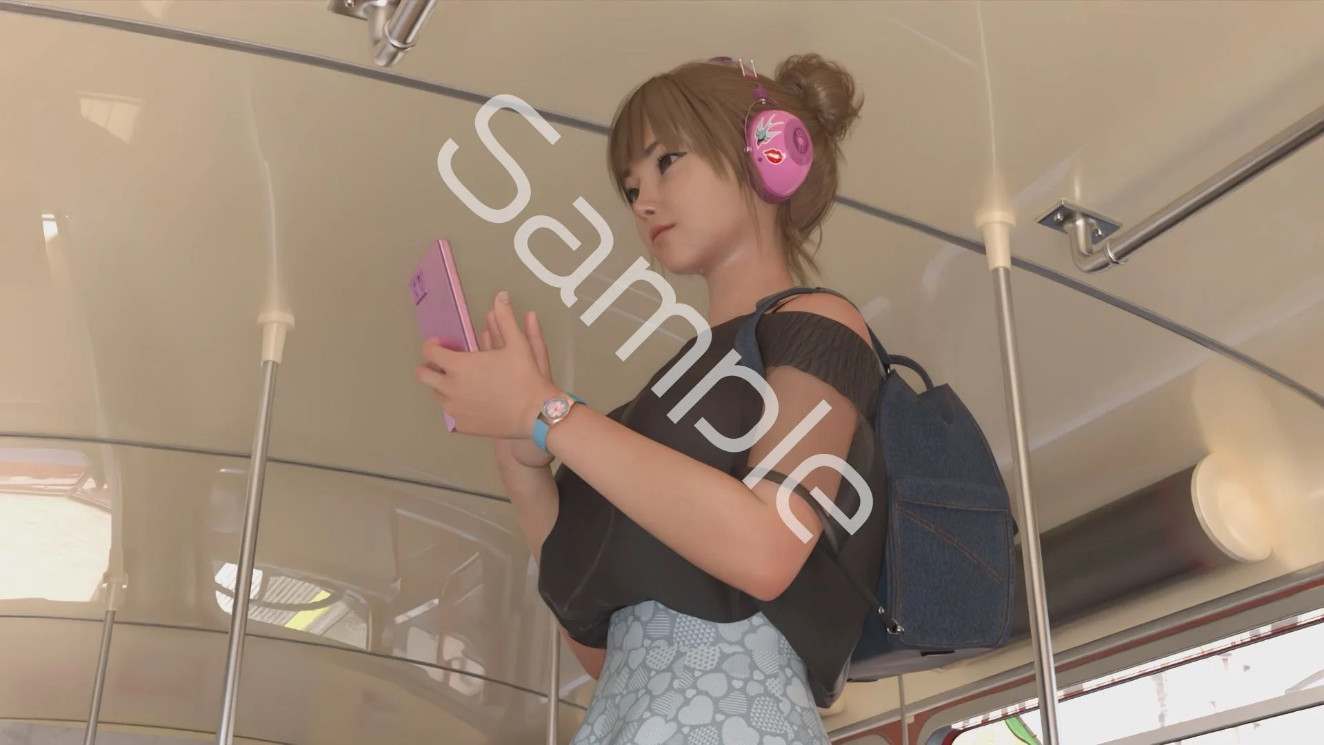 一ノ瀬廻里・私服登校日の通学途中のバス内でスカート内逆さ撮り盗撮の被害に遭う:PV09(サテン地ピンク水玉フルバックパンティ) 画像9